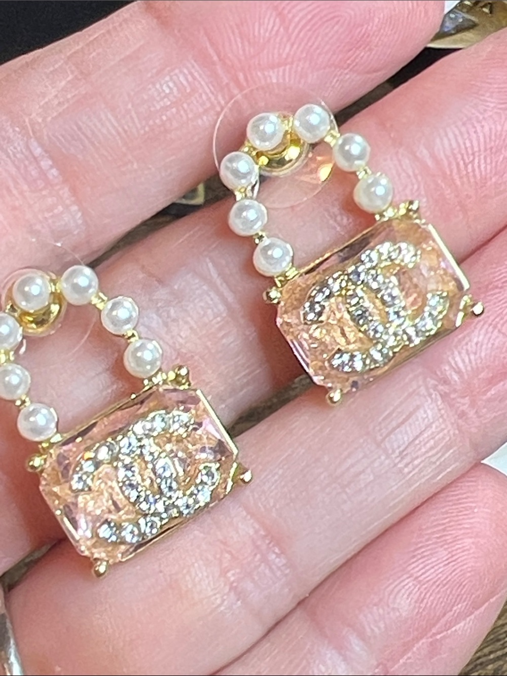 Gold-Tone Pink Crystal Handbag Stud Earrings with Pearl Handle